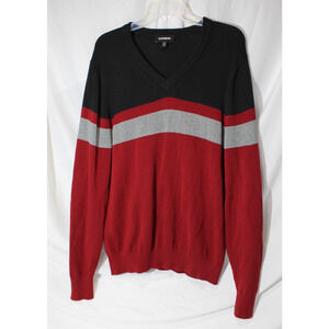 Express Colorblock Knit Sweater Black Red Gray V-neck Men's M Preppy Academia